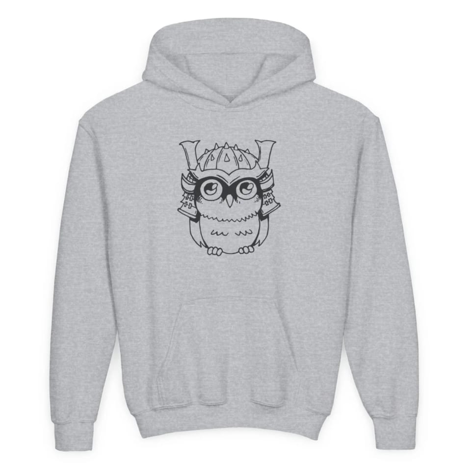 Light grey hoodie featuring a black and white cartoon owl wearing a samurai helmet and glasses.