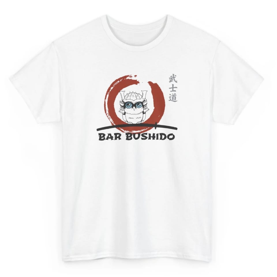 White Bar Bushido t-shirt with an owl wearing a samurai helmet inside a red circle.