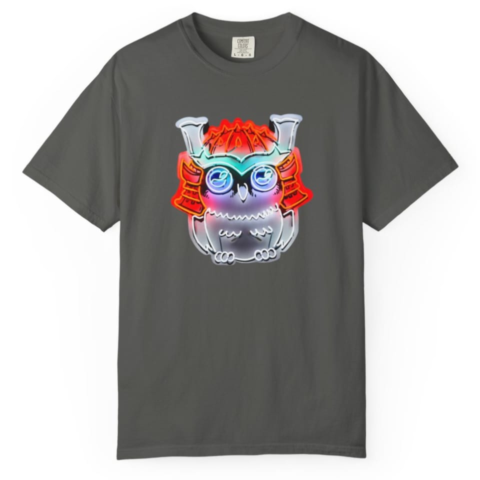 Dark gray t-shirt with a neon-style graphic of an owl wearing a samurai helmet.
