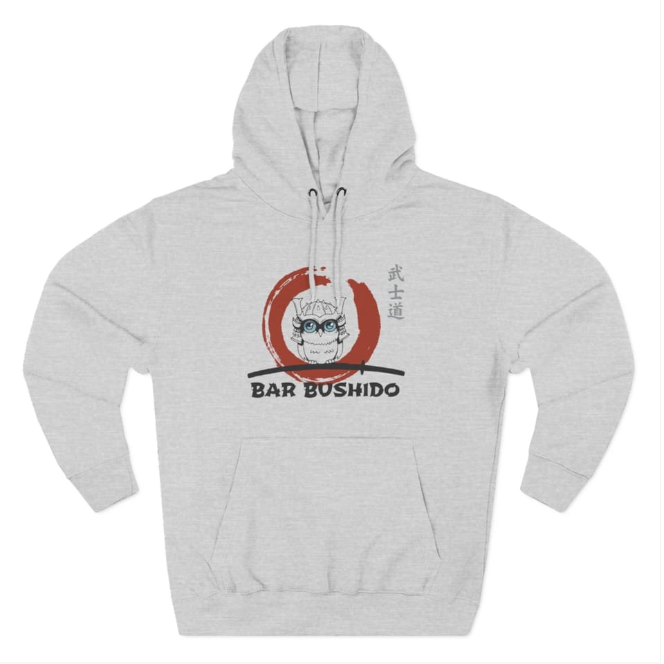 Light gray hoodie with the Bar Bushido logo featuring an owl in samurai armor.
