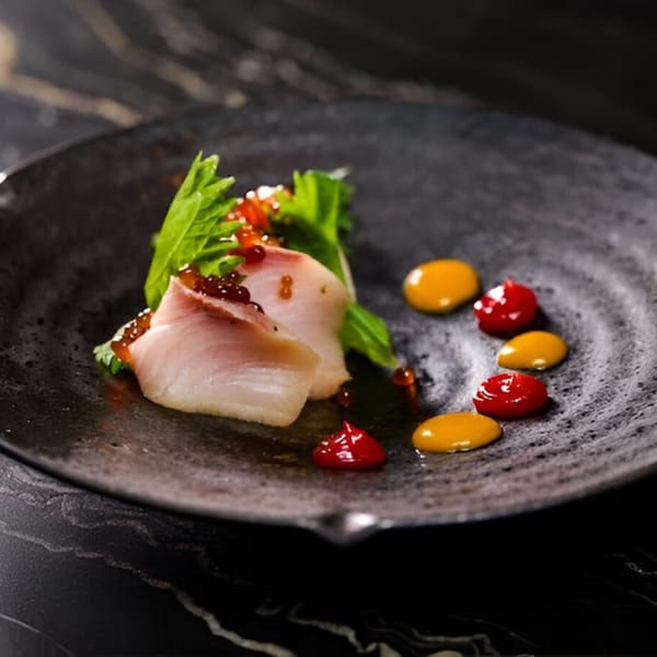Japanese sashimi with fish roe and green garnish, served with red and yellow sauces on a dark plate.