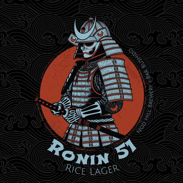 Stylized samurai in blue armor with a red sun background, holding a katana, on a black wave pattern.