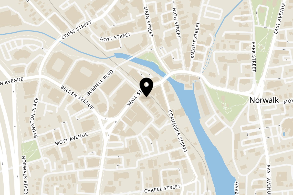 Map showing the location of Bar Bushido on 51 Wall Street in Norwalk